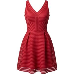 Beulah Style Red Mesh Stripe V-Neck Fit and Flare Skater Dress CD6037 Womens S
